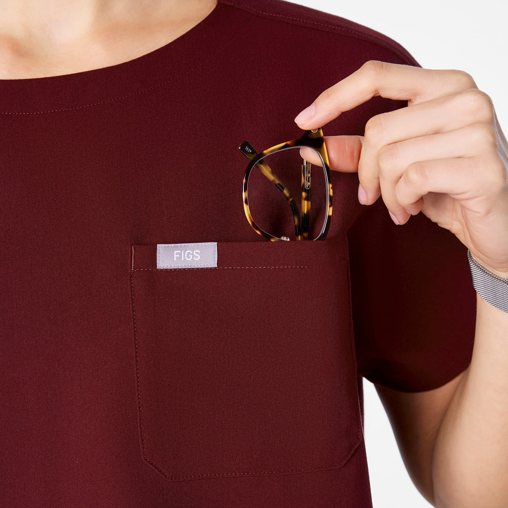 women's Burgundy Arua Cropped Crewneck - One-Pocket Scrub Top - Image 6