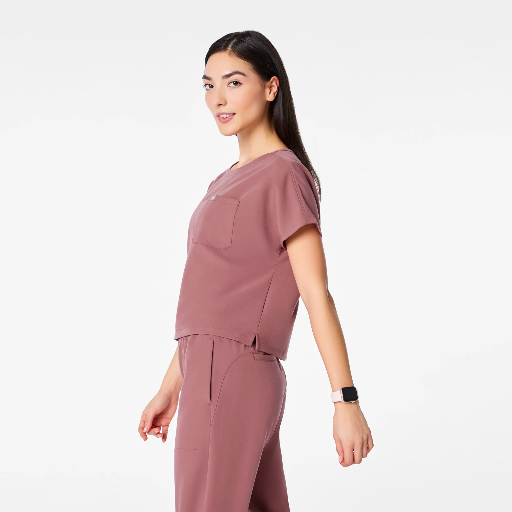 women's Mauve Arua Cropped Crewneck - One-Pocket Scrub Top - Image 3