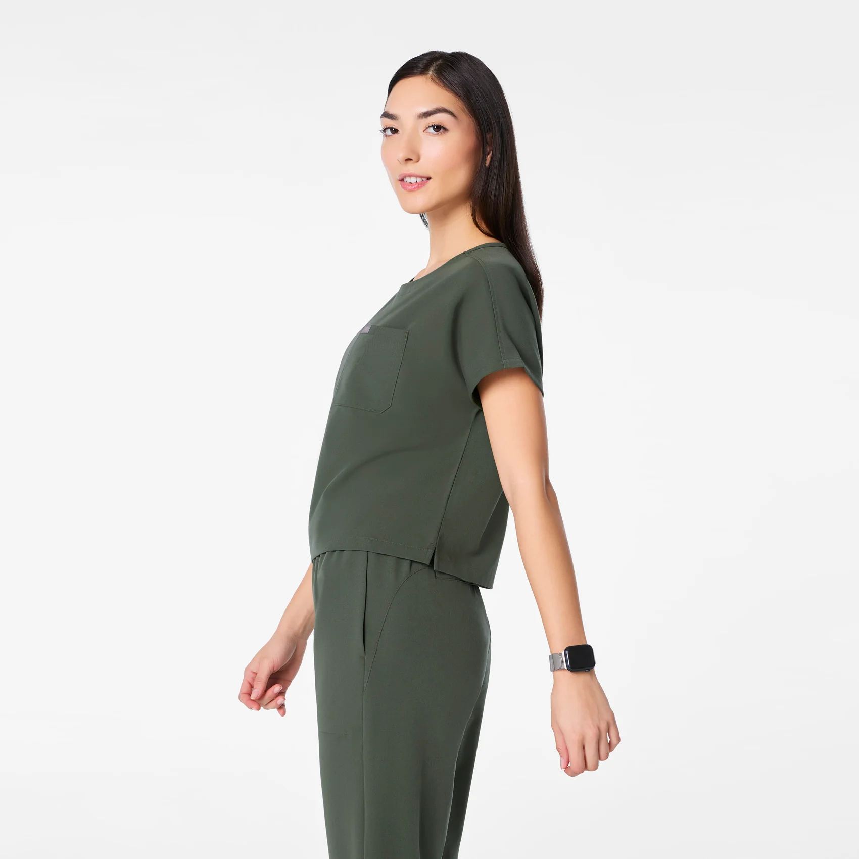 women's Moss Arua Cropped Crewneck - One-Pocket Scrub Top - Image 3