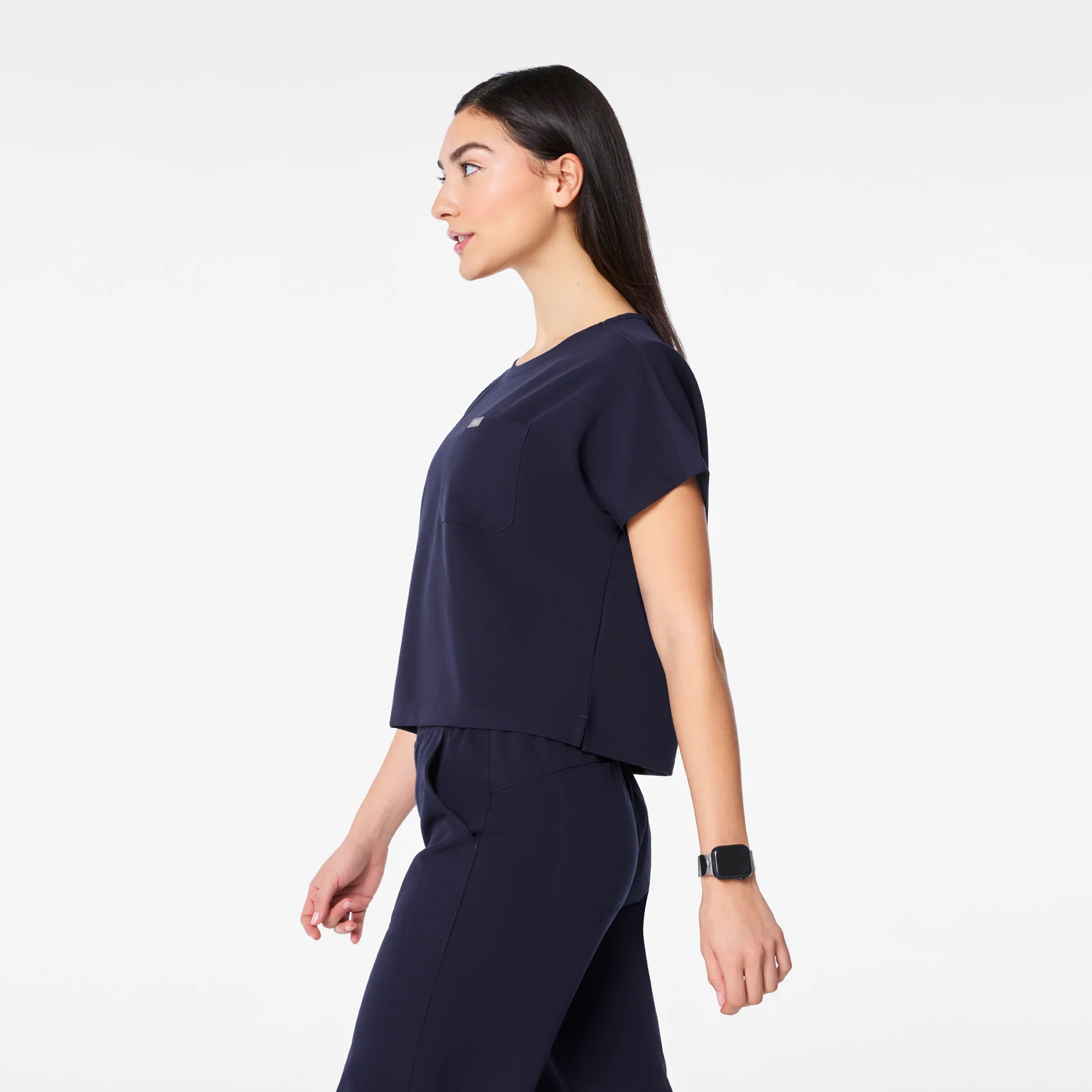 women's Navy Arua Cropped Crewneck - One-Pocket Scrub Top - Image 3