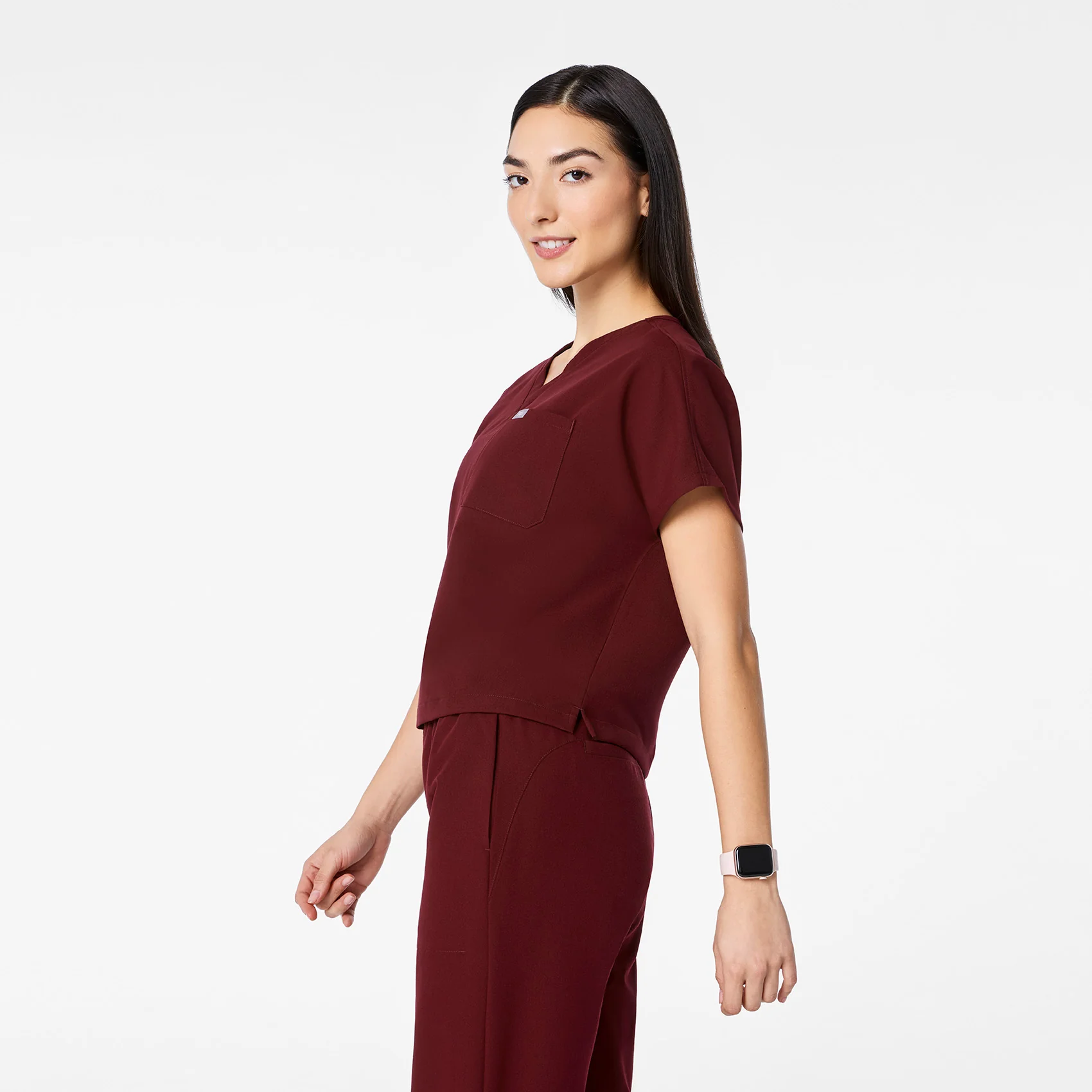women's Burgundy Arua Cropped V-Neck - One-Pocket Scrub Top - Image 3