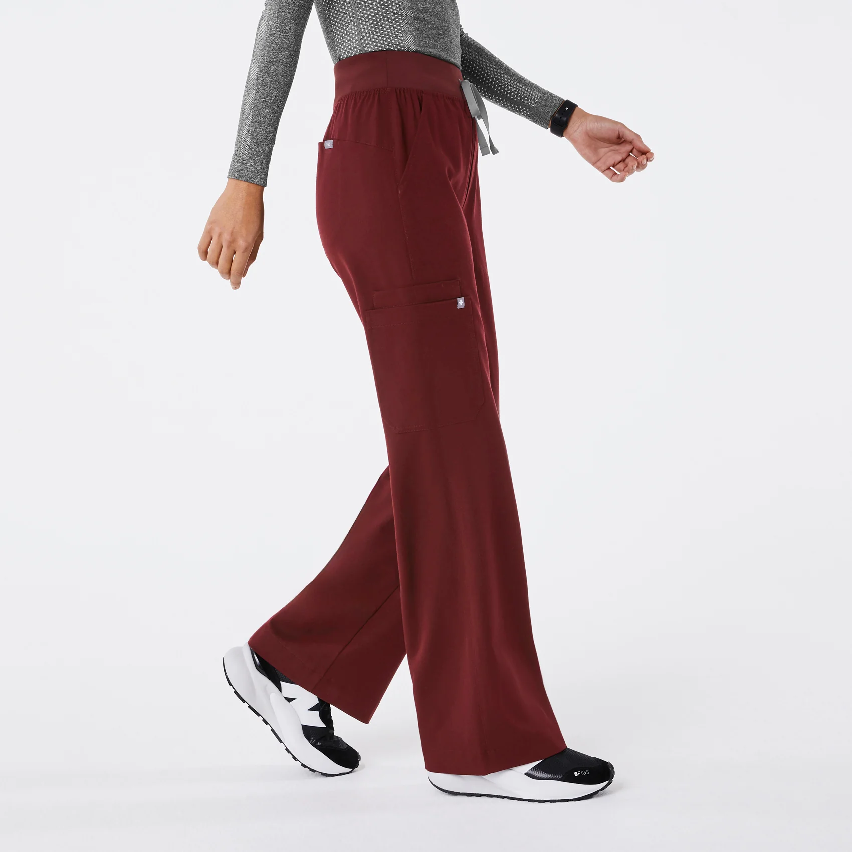 women's Burgundy High Waisted Isabel Wide Leg - Petite Scrub Pant - Image 3