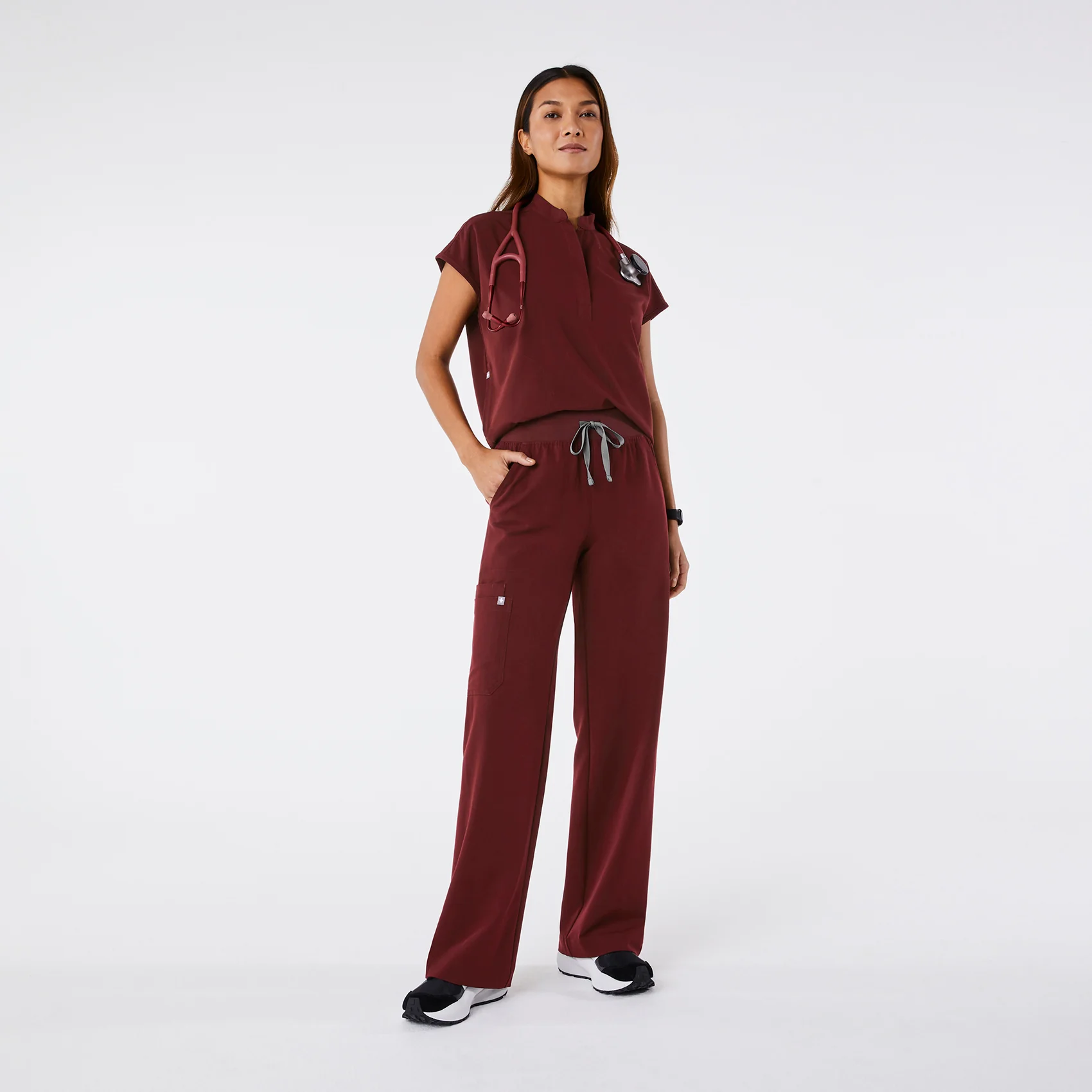 women's Burgundy High Waisted Isabel Wide Leg - Tall Scrub Pant - Image 2