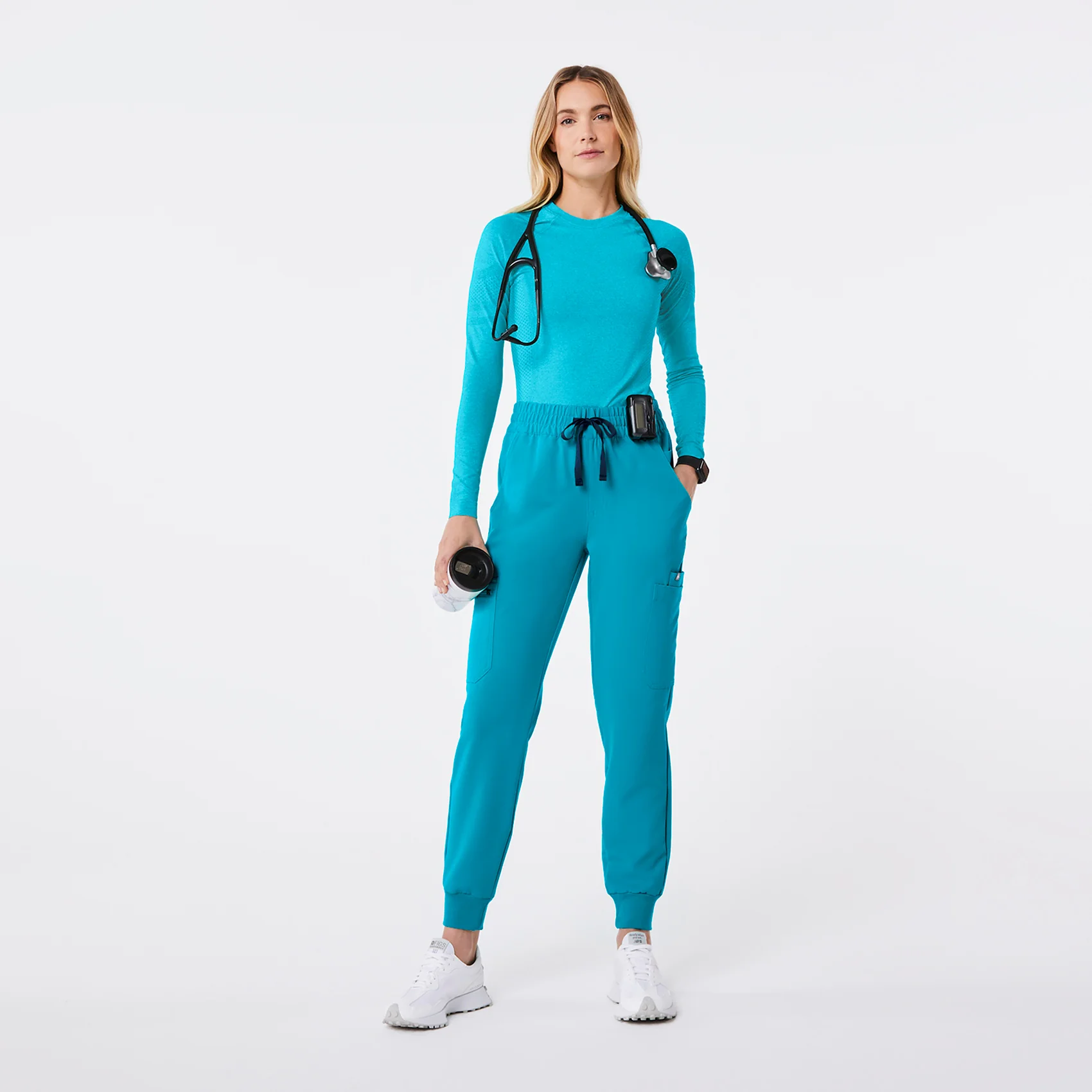 women's Teal High Waisted Uman Relaxed - Jogger Scrub Pant - Image 2